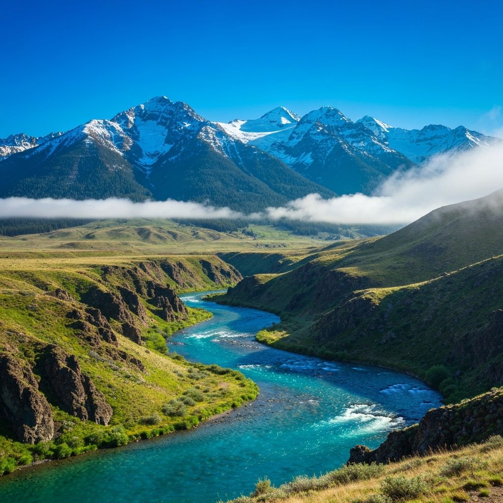 Scenic Idaho landscape with snow-capped mountains and river